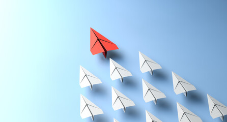 Leadership concept, red leader plane leading white planes, on blue background. 3D Rendering
