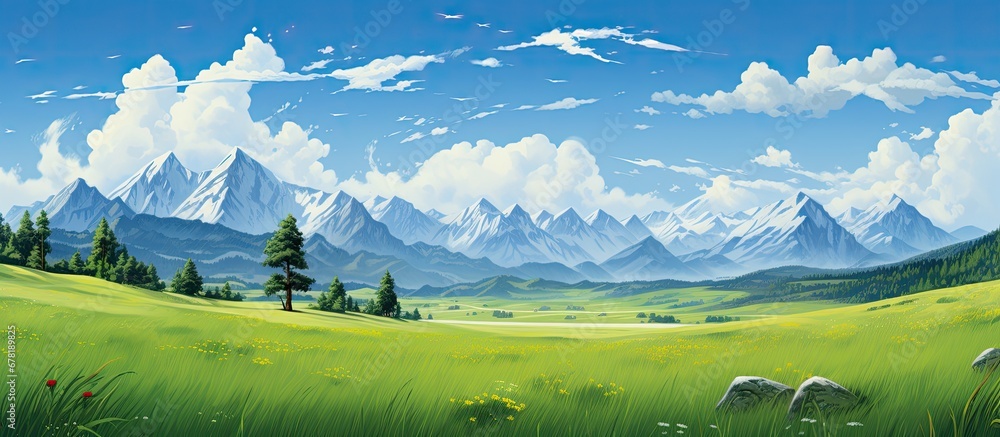 Poster in the background of the serene landscape towering mountains are covered in a lush green forest with