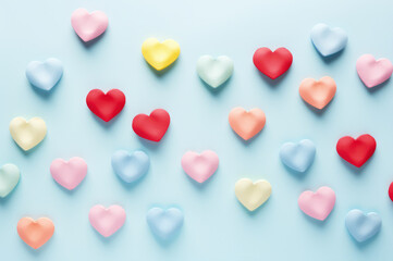 Valentines Day background with many small paper hearts in pastel colors