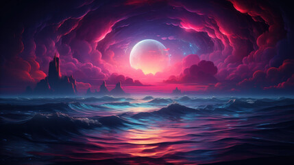 Magical Wavy Ocean By The Moonlight Generative AI.