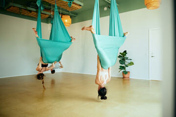 Students upside down in aerial yoga