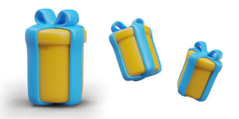 Realistic round yellow box in different positions. Festive packaging with blue ribbon. Christmas gift. Set of isolated objects on white background with shadows. Unmarked elements, mockup