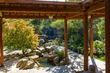 Japanese garden in public landscape park of Krasnodar or Galitsky park, Russia