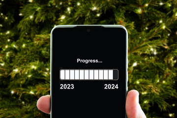 Business planning to 2024. virtual download bar with loading progress bar for New Year's Eve and changing the year 2023 to 2024. Business, strategy, and festival concept end of 2023 - obrazy, fototapety, plakaty