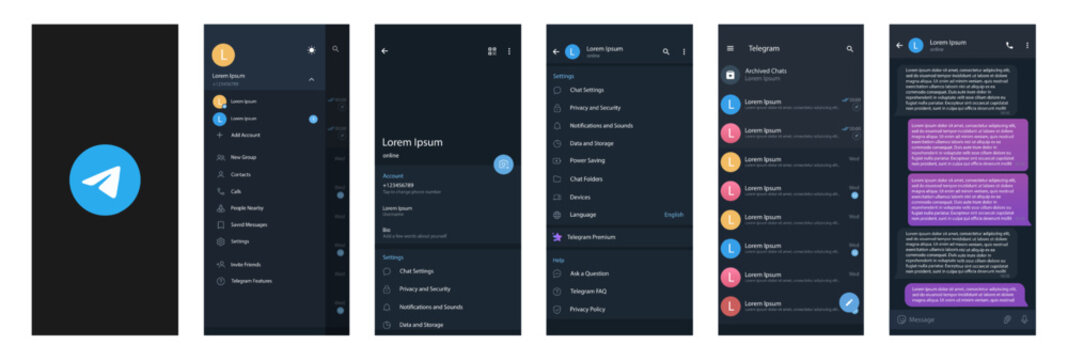 Telegram mockup. Telegram logo. Set telegram screen social media and social network interface template. Dark theme. Telegram button. Vector illustration. Editorial.