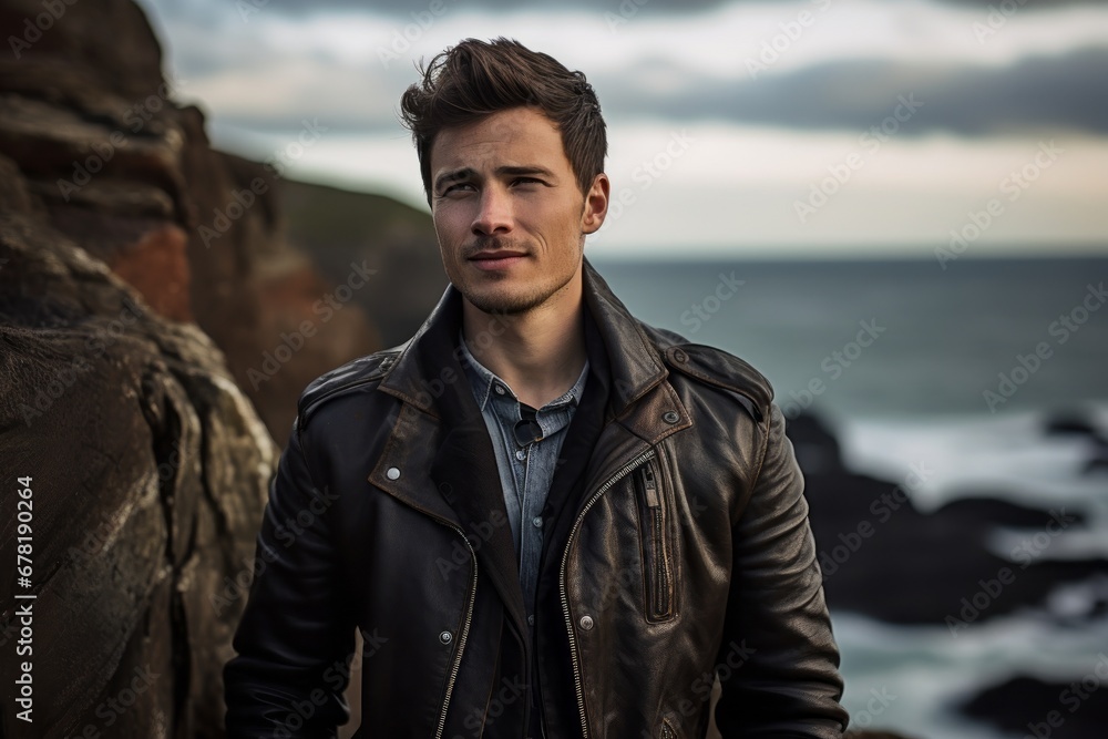 Poster portrait of a joyful man in his 20s sporting a classic leather jacket against a rocky cliff backgrou