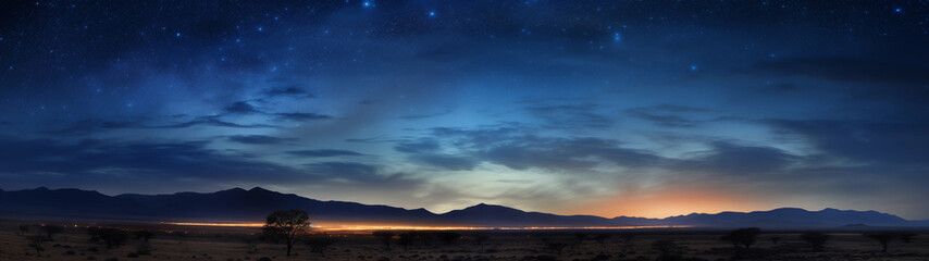 Fototapeta na wymiar A tranquil desert landscape with dazzling stars in a clear sky, 32:9 ratio