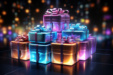  Beautiful glossy shiny gifts with neon glow in the dark. Minimalistic futuristic wallpaper