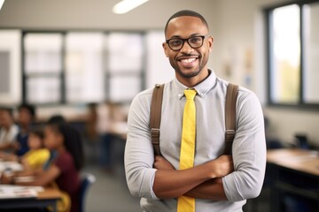 smiling African American man wearing glasses teaching in classroom. AI Generated - obrazy, fototapety, plakaty