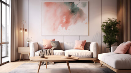 Fototapeta na wymiar modern living room interior with sofa, Grey sofa with pink pillows and blanket against white wall with abstract art poster. Interior design of modern living room
