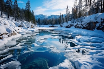 Lake in winter with ice breaking, cracks