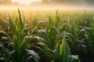 corn field at dew morning - obrazy, fototapety, plakaty