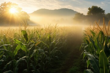 corn field at dew morning - obrazy, fototapety, plakaty