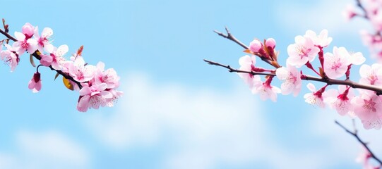 branches of blossoming cherry, pink cherry blossoms spring floral background on a blue sky cherry...