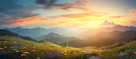 In the beautiful summer landscape the sun gently casts its light upon the majestic mountains framing the stunning blue and orange sky of the sunset and sunrise creating a breathtaking backdr - obrazy, fototapety, plakaty