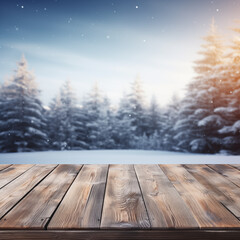 Wooden table and winter background ready for product or food display, ai generative