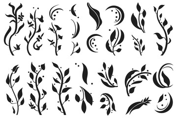 Set of silhouettes of branches and leaves. Hand drawn vector botanical elements. Floral elements
