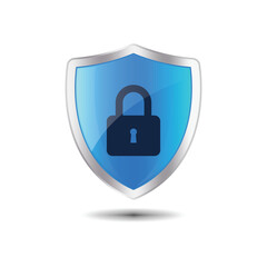 Security shield with padlock logo design. Protection, safety, password security vector icon illustration. Realistic security symbol