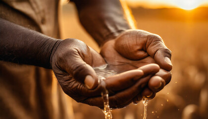 Close-up of two wrinkled hands (cupped hands full of fresh water) of a farmer holding fresh water. Concept of water scarcity, drought or water conservation.