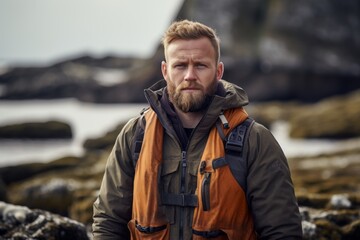 Portrait of a glad man in his 30s dressed in a water-resistant gilet against a rocky shoreline background. AI Generation