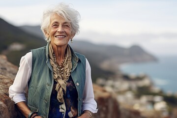 Portrait of a happy elderly woman in her 90s dressed in a polished vest against a dramatic coastal...