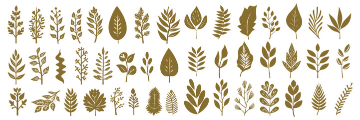 Botanical silhouette golden leaves, Golden floral Leaves Set. Vector Gold luxury collection.