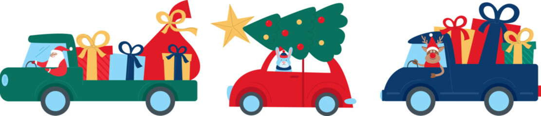 Santa Claus team driving car caravan with Christmas tree, gifts and presents - 678192231