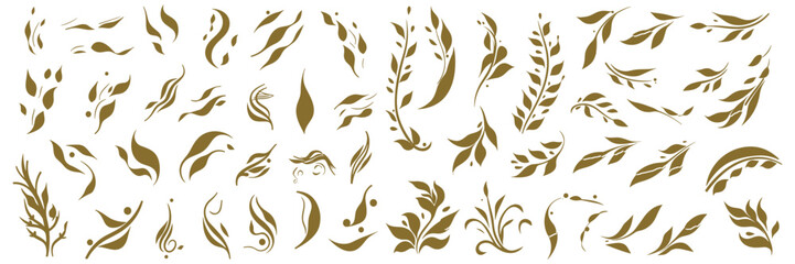 Botanical silhouette golden leaves, Golden floral Leaves Set. Vector Gold luxury collection.