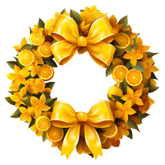 Lush yellow Christmas wreath with various ornaments and a large bow, symbolizing holiday cheer. Transparent background