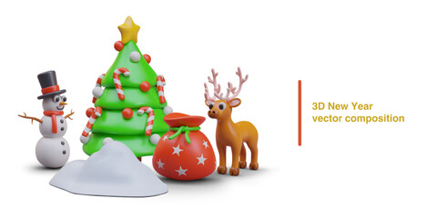 Decorated Christmas tree, snowdrift, deer, snowman, bag with gifts. Festive winter concept. Time to celebrate and give gifts. New Year vector composition, place for text