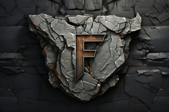 Stone letter F in cracked rock. Natural typography logotype