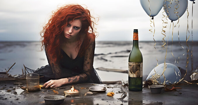 red head woman lone drinking on the beach. AI generated.