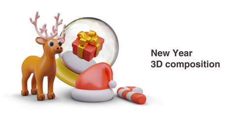 Funny antlered deer, snow globe with gift inside, Santa Claus hat, candy cane. New Year 3D composition with space for text. Ready made greeting template for postcards, advertisements, invitations