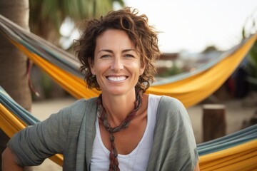 Portrait of a smiling woman in her 50s wearing a rugged jean vest against a relaxing hammock on the...