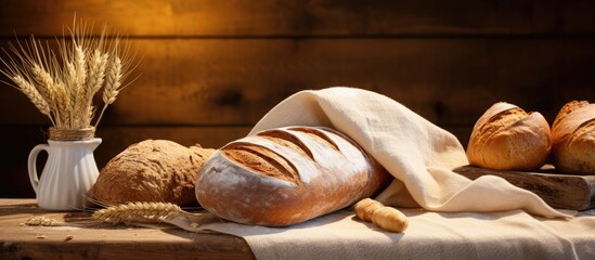 In the background of the room a wooden table with a white burlap tablecloth was adorned with an assortment of freshly baked French bread The aroma of the healthy natural wheat bun and crust