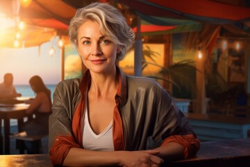 Portrait of a content woman in her 50s dressed in a water-resistant gilet against a tropical beach bar background. AI Generation