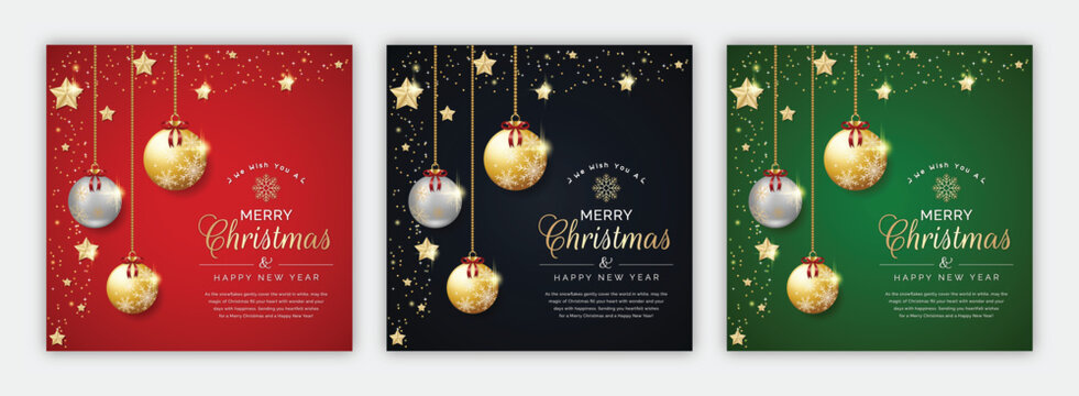 Vector Elegant Merry Christmas Social Media Posts Set Templates Design With Luxury Gold Snowflake And Bauble Abstract Background. Holiday, Happy New Year And Winter Festival Design