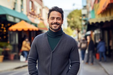 Fototapeta na wymiar Portrait of a smiling man in his 30s wearing a classic turtleneck sweater against a vibrant market street background. AI Generation
