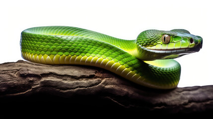 close up of a green snake, Green snake on a tree branch.on white  background - obrazy, fototapety, plakaty