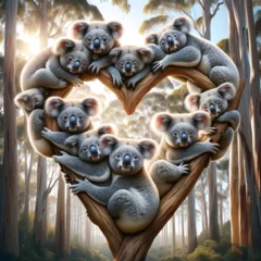 Fototapeten A photo-realistic image of several koalas arranged in a heart shape © PHdJ