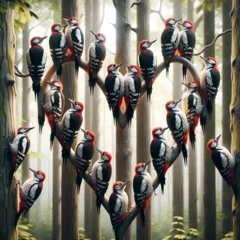 Foto auf Leinwand A photorealistic image of woodpeckers arranged in a heart shape © PHdJ