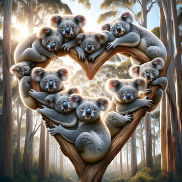 A photo-realistic image of several koalas arranged in a heart shape