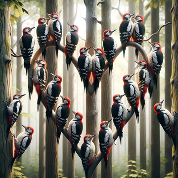 A photorealistic image of woodpeckers arranged in a heart shape