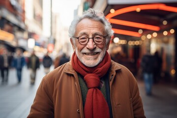 Portrait of a glad elderly man in his 90s wearing a classic turtleneck sweater against a vibrant market street background. AI Generation