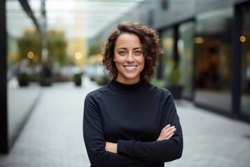 Portrait of a smiling woman in her 30s wearing a thermal fleece pullover against a sophisticated corporate office background. AI Generation