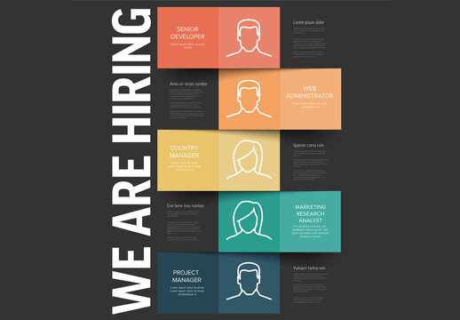 We are hiring dark minimalistic flyer template with blocks containing position names