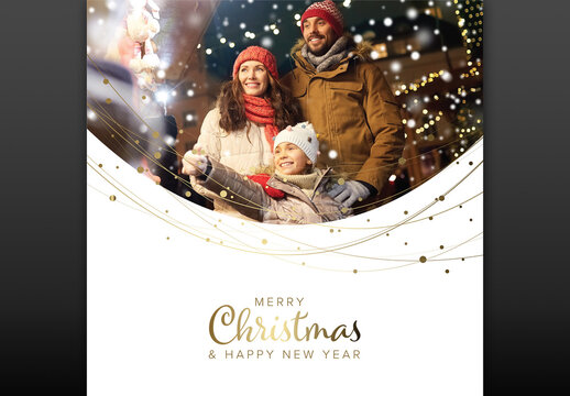 Christmas winter family photo card layout template with white background and golden elements