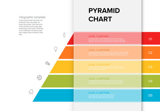 Infographic Pyramid chart diagram template with icons made from five stripes and transparent block