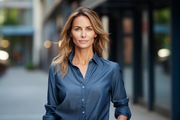 Portrait of a glad woman in her 40s sporting a versatile denim shirt against a sophisticated corporate office background. AI Generation
