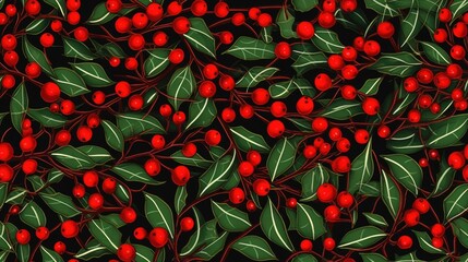 Holly berry Christmas seamless pattern nature background. Winter hollies Leaves berries repeat tile for wallpaper, fashion print, textile, scrapbooking, invitation, card, decoration, festive.